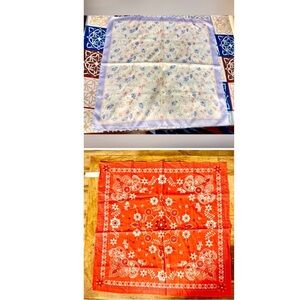 NWOT, Set of 2 Bandana Scarves- Silk Lavender Floral & Cotton Red Floral Designs